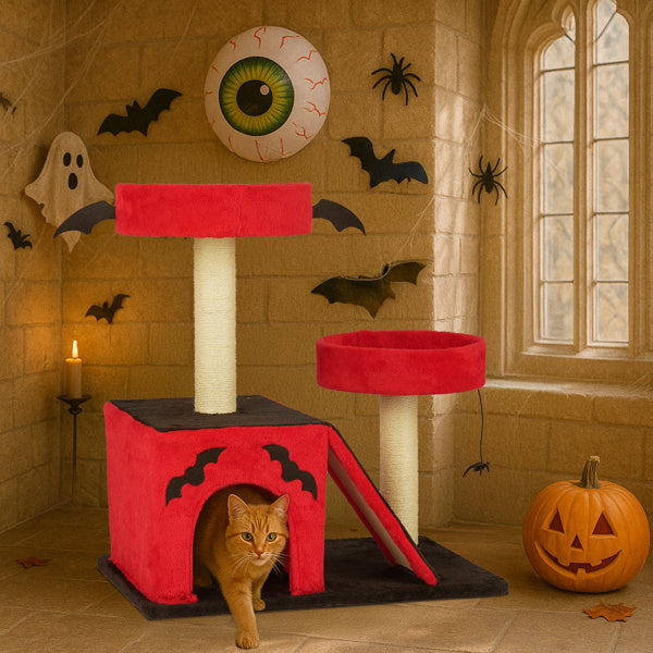 HKM-147987 Gothic Cat Climbing Frame with Condo, Dual Perches, Spider Toy, and Scratch Posts in Red & Black