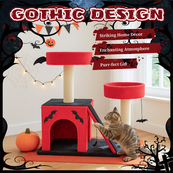 HKM-147987 Gothic Cat Climbing Frame with Condo, Dual Perches, Spider Toy, and Scratch Posts in Red & Black