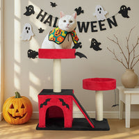 HKM-147987 Gothic Cat Climbing Frame with Condo, Dual Perches, Spider Toy, and Scratch Posts in Red & Black