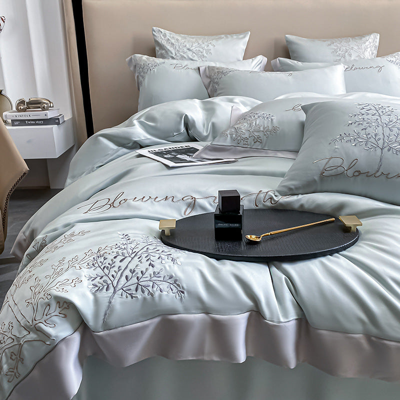 HKM-147987 Lyocell Fiber Four-Piece Bed Sheet Set with Embroidery and Lace, Solid Color