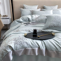 HKM-147987 Lyocell Fiber Four-Piece Bed Sheet Set with Embroidery and Lace, Solid Color