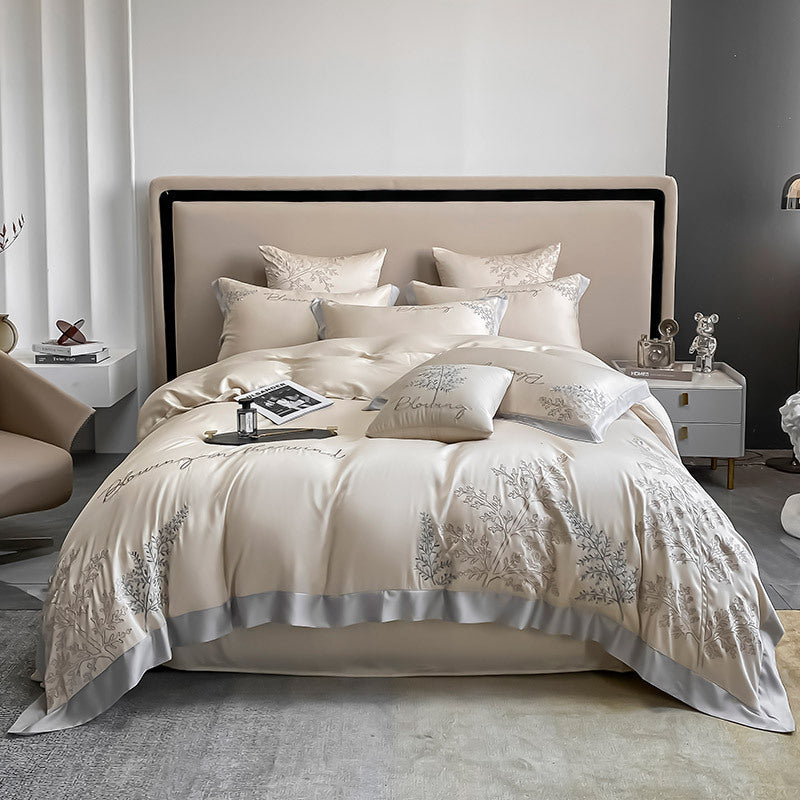 HKM-147987 Lyocell Fiber Four-Piece Bed Sheet Set with Embroidery and Lace, Solid Color