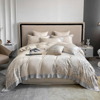 HKM-147987 Lyocell Fiber Four-Piece Bed Sheet Set with Embroidery and Lace, Solid Color
