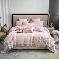 HKM-147987 Lyocell Fiber Four-Piece Bed Sheet Set with Embroidery and Lace, Solid Color