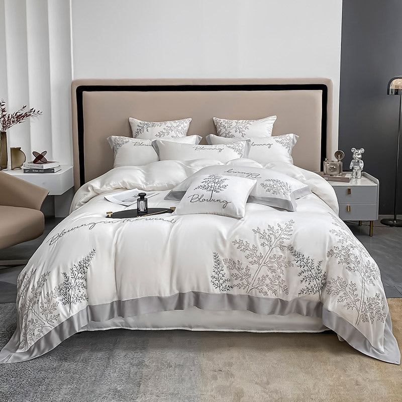 HKM-147987 Lyocell Fiber Four-Piece Bed Sheet Set with Embroidery and Lace, Solid Color