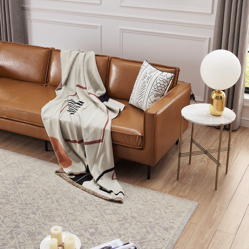 HKM-150291 Pure Cotton Geometric Pattern Blanket for Sofa in Light Blue and Beige - Large, 120cm x 170cm