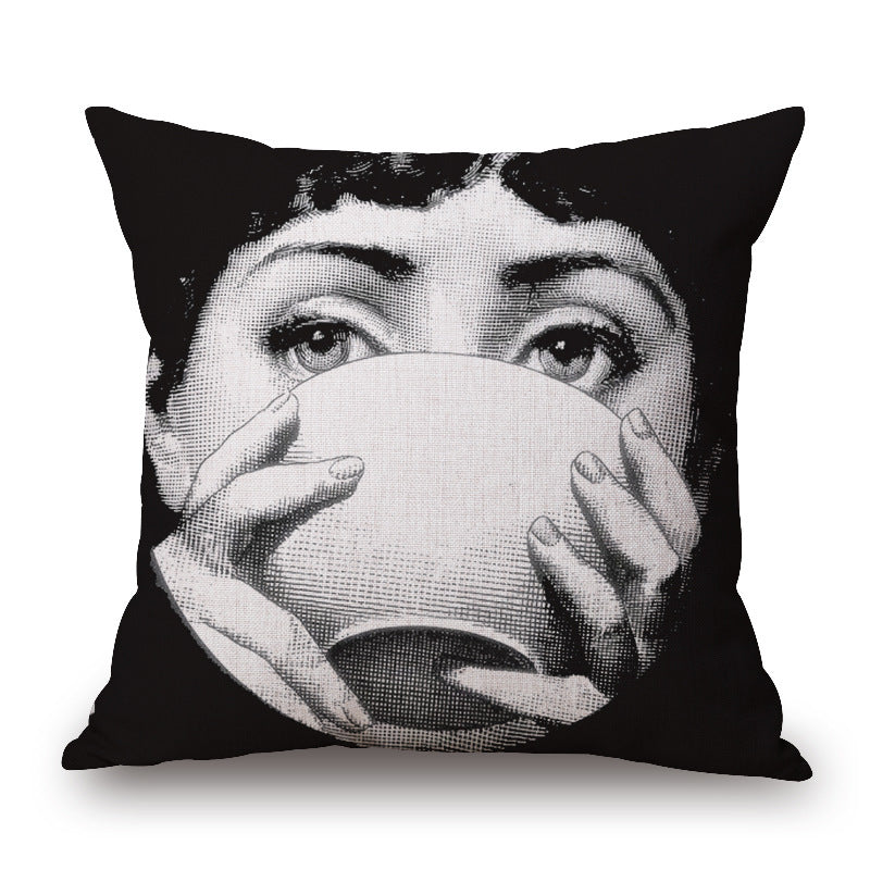 HKM-150675 Retro Black Beauty Cotton Linen Character Pillowcase for Sofa Decor
