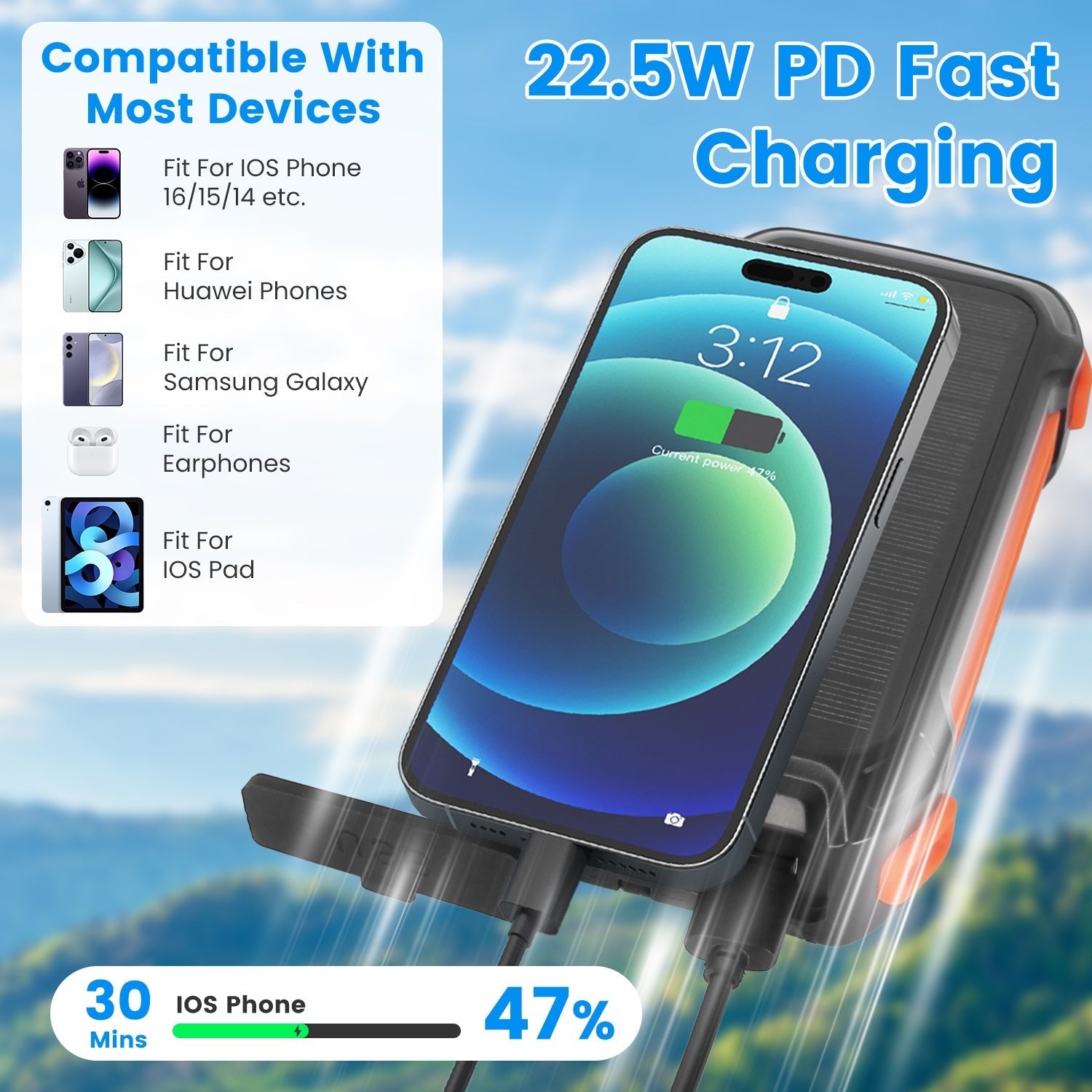 HKM-151315 Portable Solar Power Bank 49800mAh with PD Fast Charging, Built-in Cables, Wireless Charging, LED Flashlight for Outdoor Use