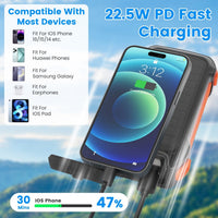 HKM-151315 Portable Solar Power Bank 49800mAh with PD Fast Charging, Built-in Cables, Wireless Charging, LED Flashlight for Outdoor Use