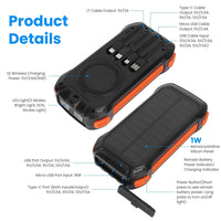 HKM-151315 Portable Solar Power Bank 49800mAh with PD Fast Charging, Built-in Cables, Wireless Charging, LED Flashlight for Outdoor Use