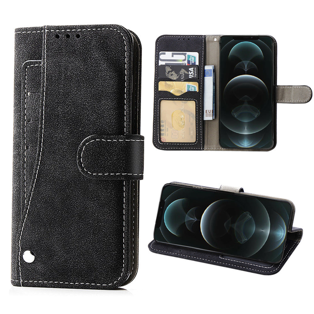 HKM-151379 Apple iPhone 13 Flip Card Holder Wallet Case in Black, Blue, and Purple - Handmade TPU and Leather Design