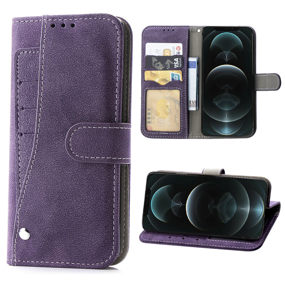 HKM-151379 Apple iPhone 13 Flip Card Holder Wallet Case in Black, Blue, and Purple - Handmade TPU and Leather Design