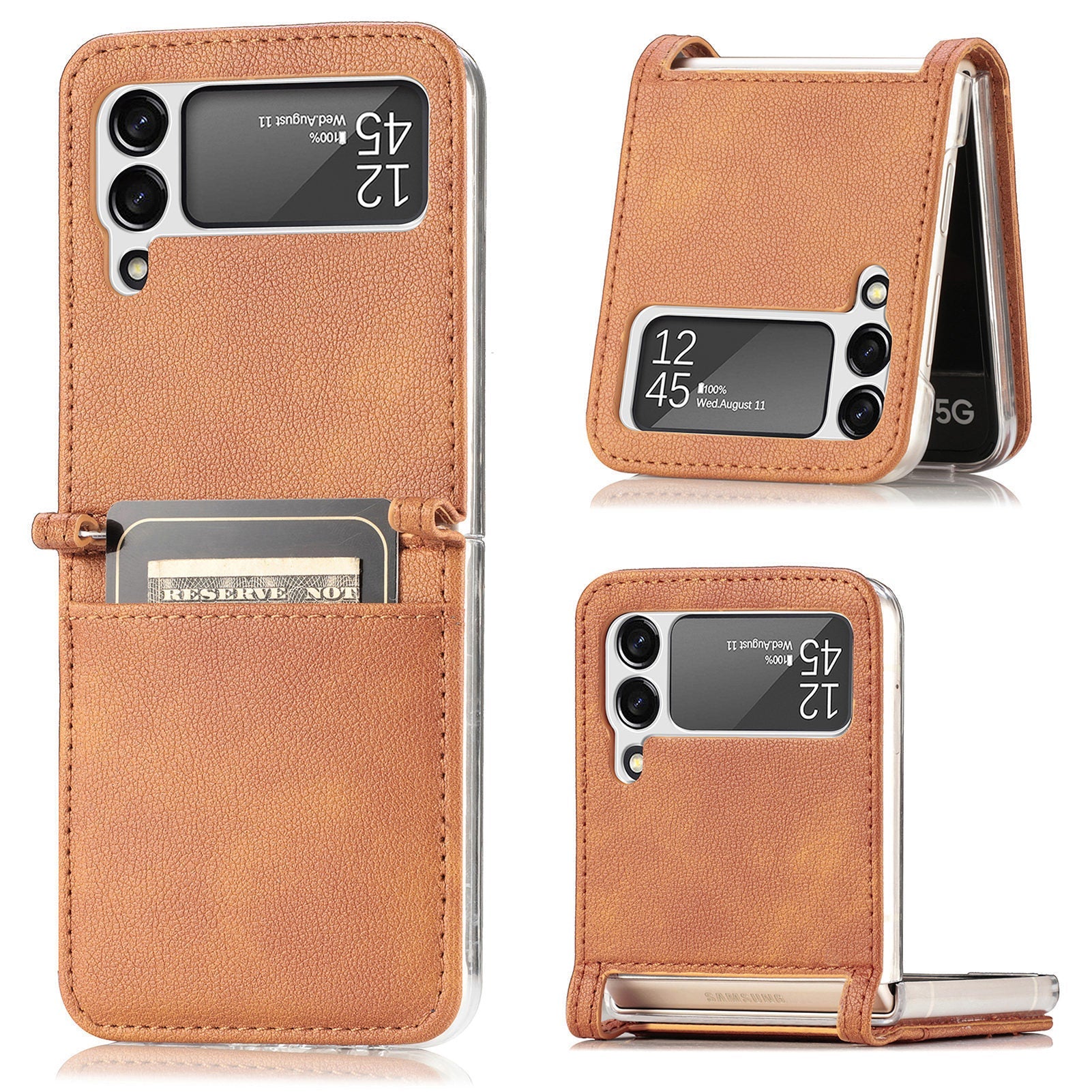 HKM-152531 Samsung Z Flip 3 5G Leather Card Holder Case with Up and Down Folding Screen Design