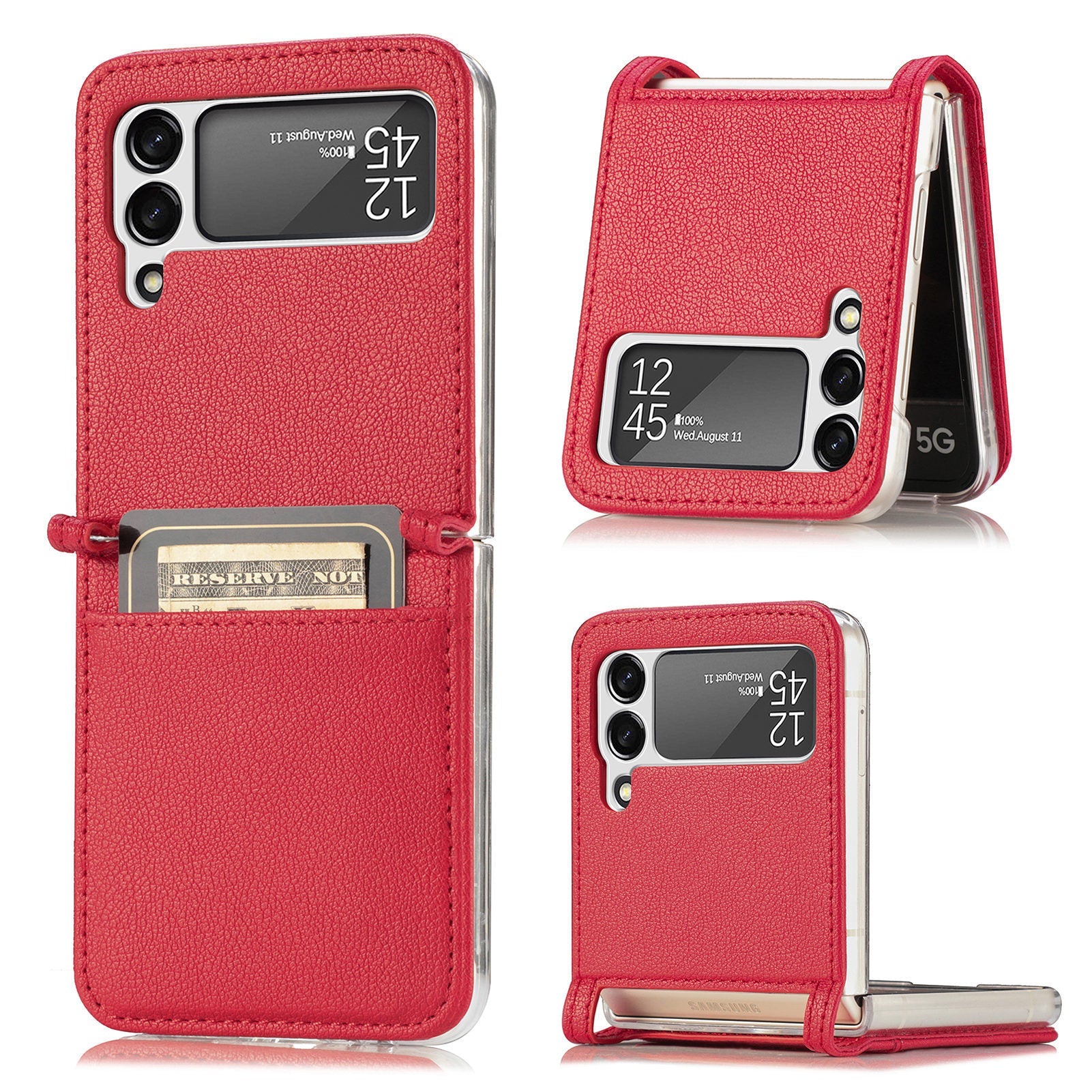 HKM-152531 Samsung Z Flip 3 5G Leather Card Holder Case with Up and Down Folding Screen Design
