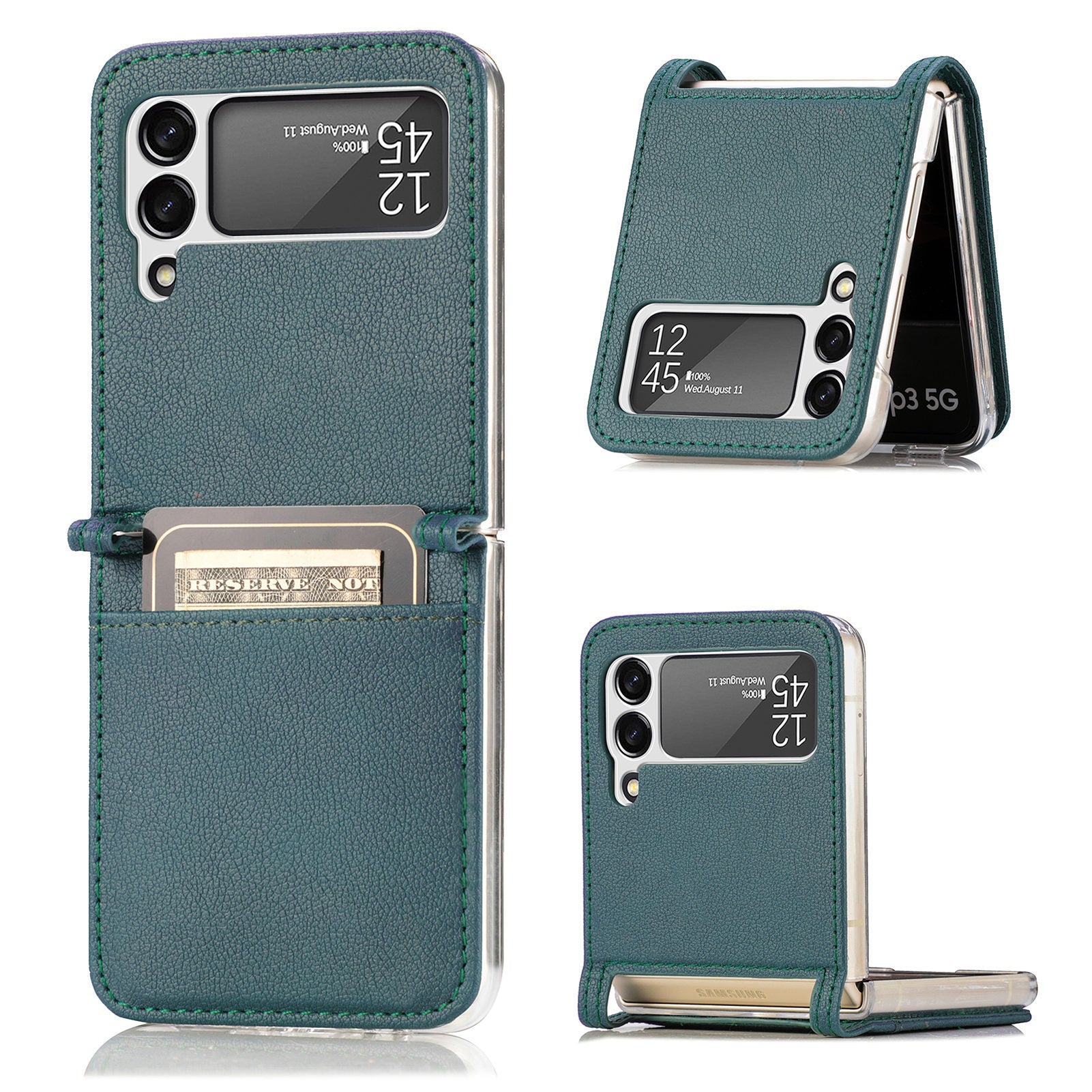 HKM-152531 Samsung Z Flip 3 5G Leather Card Holder Case with Up and Down Folding Screen Design