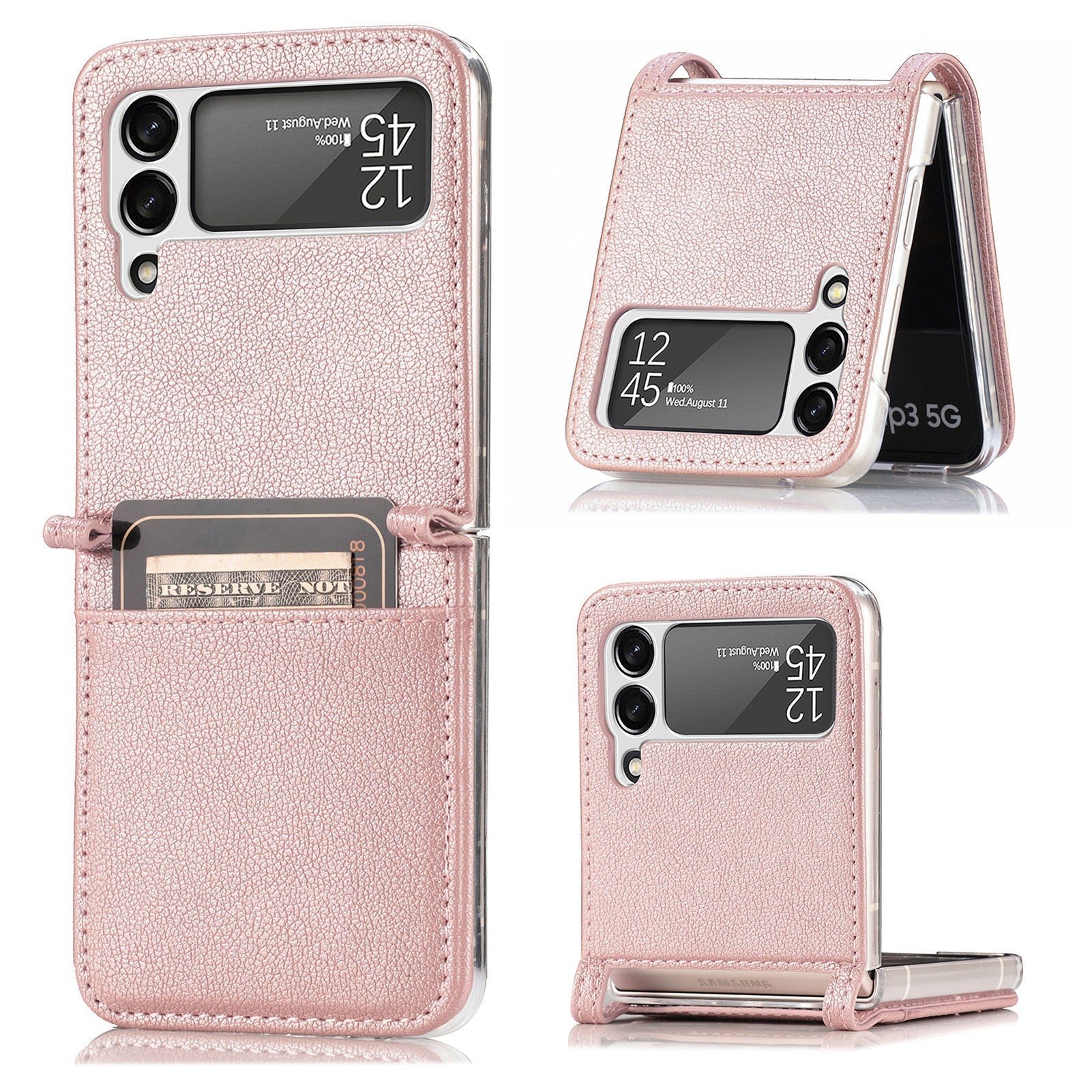 HKM-152531 Samsung Z Flip 3 5G Leather Card Holder Case with Up and Down Folding Screen Design