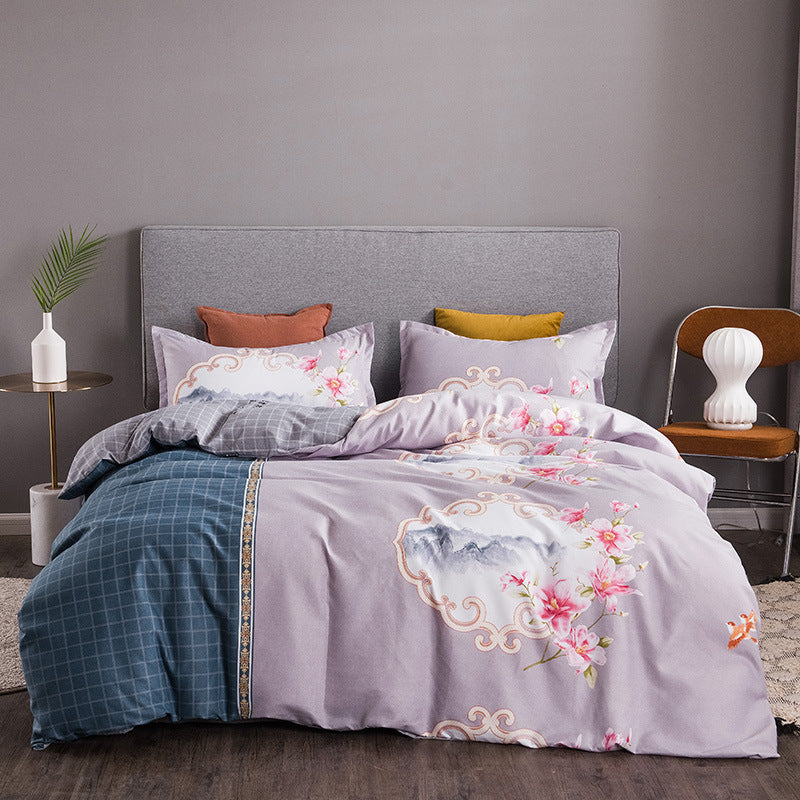 HKM-152595 Brushed Winter Four-Piece Bedding Set with Duvet Cover and Floral Patterns
