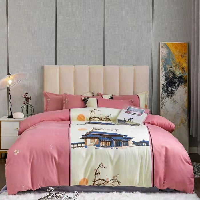 HKM-152595 Brushed Winter Four-Piece Bedding Set with Duvet Cover and Floral Patterns