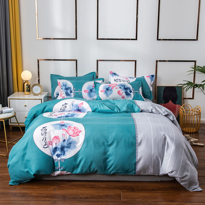 HKM-152595 Brushed Winter Four-Piece Bedding Set with Duvet Cover and Floral Patterns