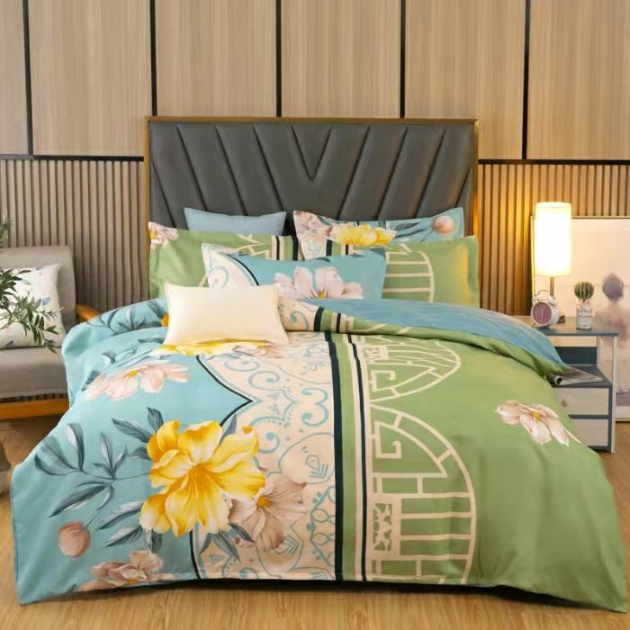 HKM-152595 Brushed Winter Four-Piece Bedding Set with Duvet Cover and Floral Patterns