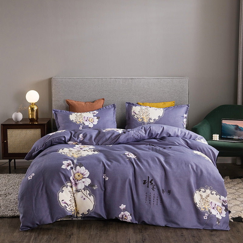 HKM-152595 Brushed Winter Four-Piece Bedding Set with Duvet Cover and Floral Patterns