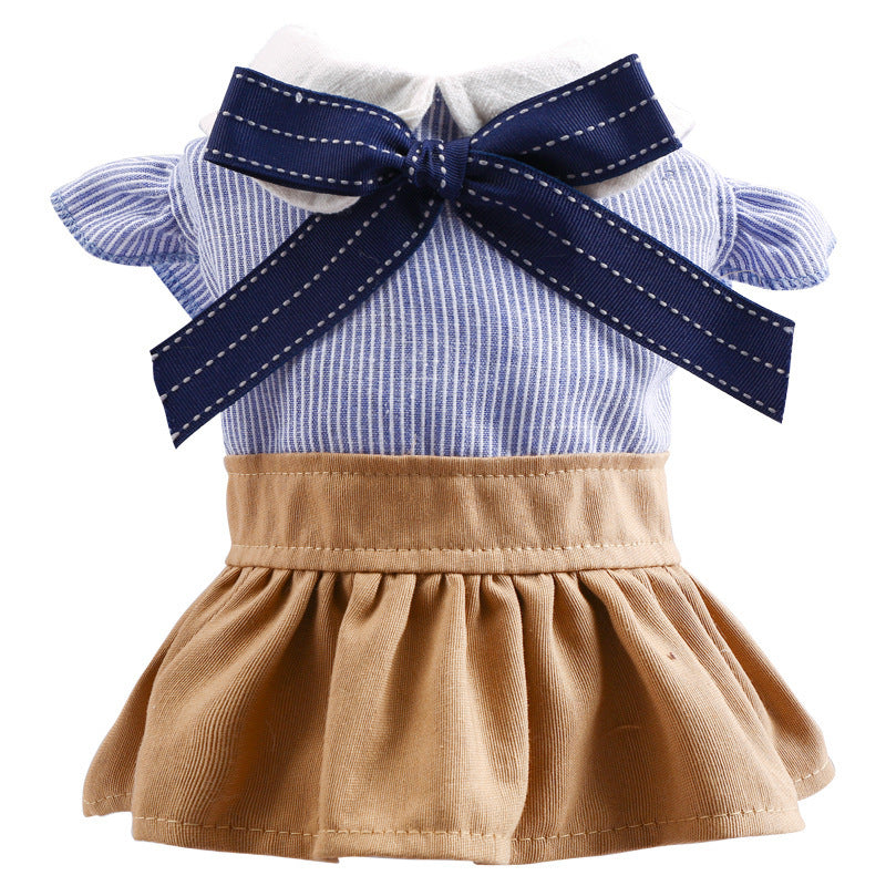 HKM-153043 Cute Blue Bow Student Skirt for Dogs - Casual Polyester Outfit for All Breeds
