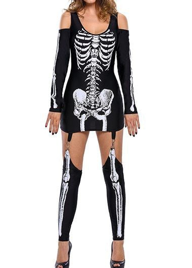 HKM-153235 Skeleton Print Off-the-Shoulder Black Halloween Costume for Women