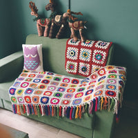 HKM-153363 Hand-Crocheted Floral Garden Blanket with Colorful Tassels - Rustic Summer Tablecloth