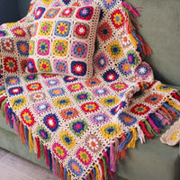 HKM-153363 Hand-Crocheted Floral Garden Blanket with Colorful Tassels - Rustic Summer Tablecloth