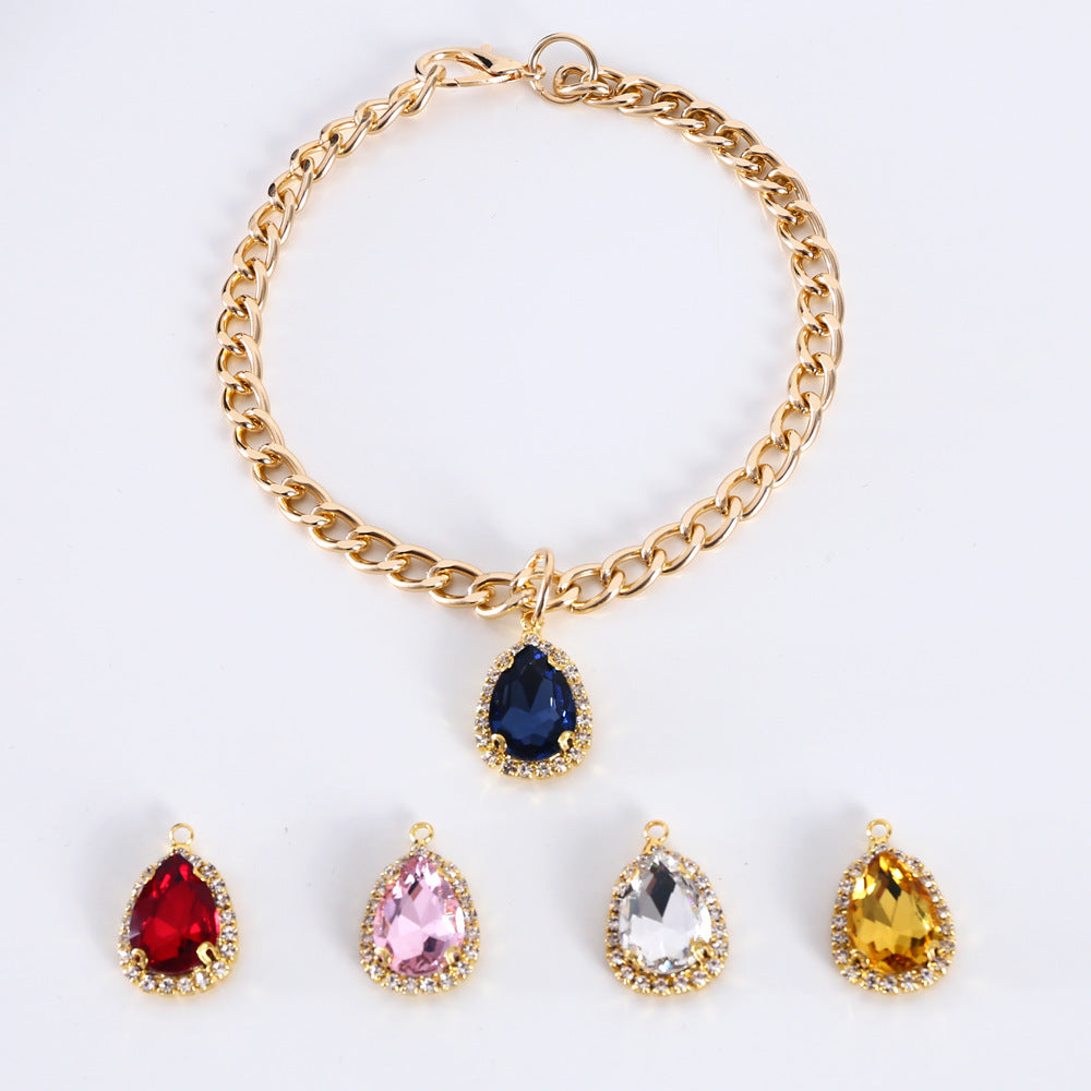 HKM-153427 Water Drop Gemstone Cat Collar with Metal Crystal Pendant - Princess Style Accessories