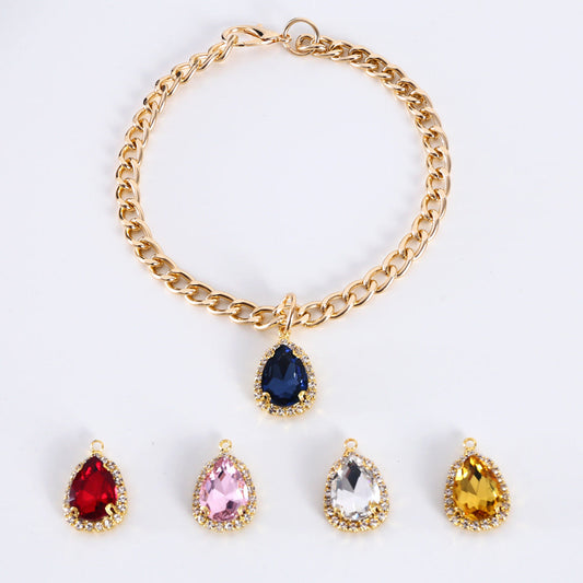 HKM-153427 Water Drop Gemstone Cat Collar with Metal Crystal Pendant - Princess Style Accessories