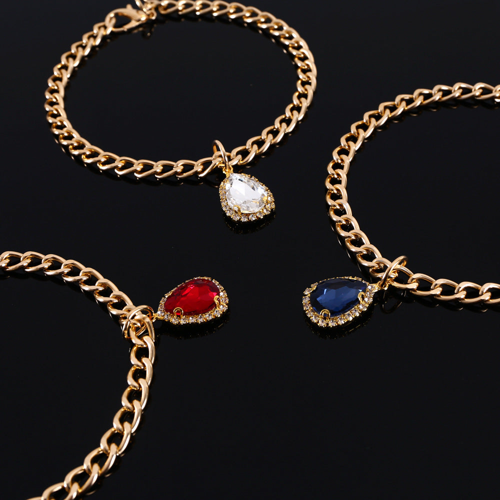 HKM-153427 Water Drop Gemstone Cat Collar with Metal Crystal Pendant - Princess Style Accessories