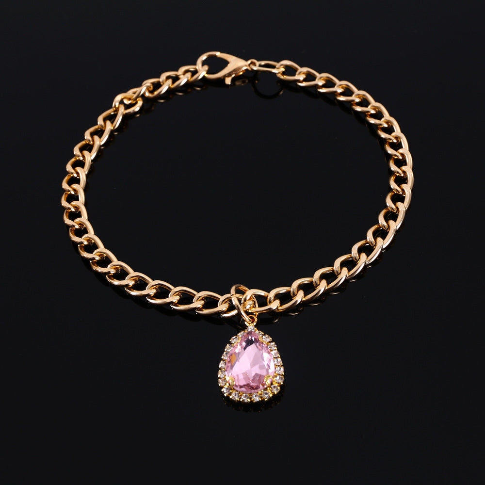 HKM-153427 Water Drop Gemstone Cat Collar with Metal Crystal Pendant - Princess Style Accessories