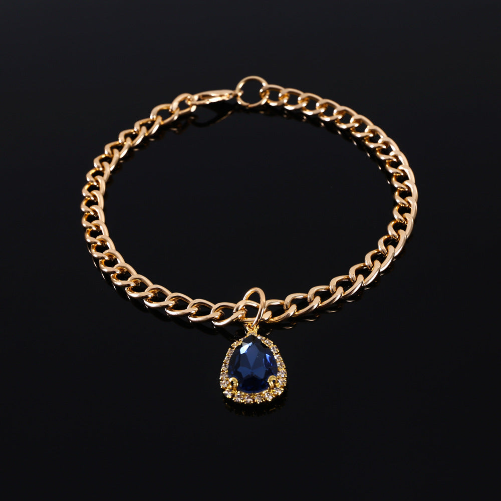 HKM-153427 Water Drop Gemstone Cat Collar with Metal Crystal Pendant - Princess Style Accessories