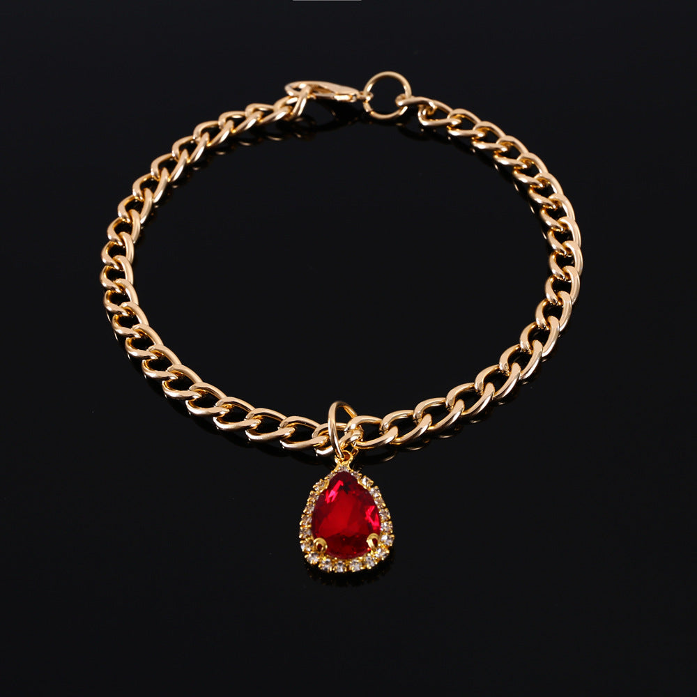 HKM-153427 Water Drop Gemstone Cat Collar with Metal Crystal Pendant - Princess Style Accessories