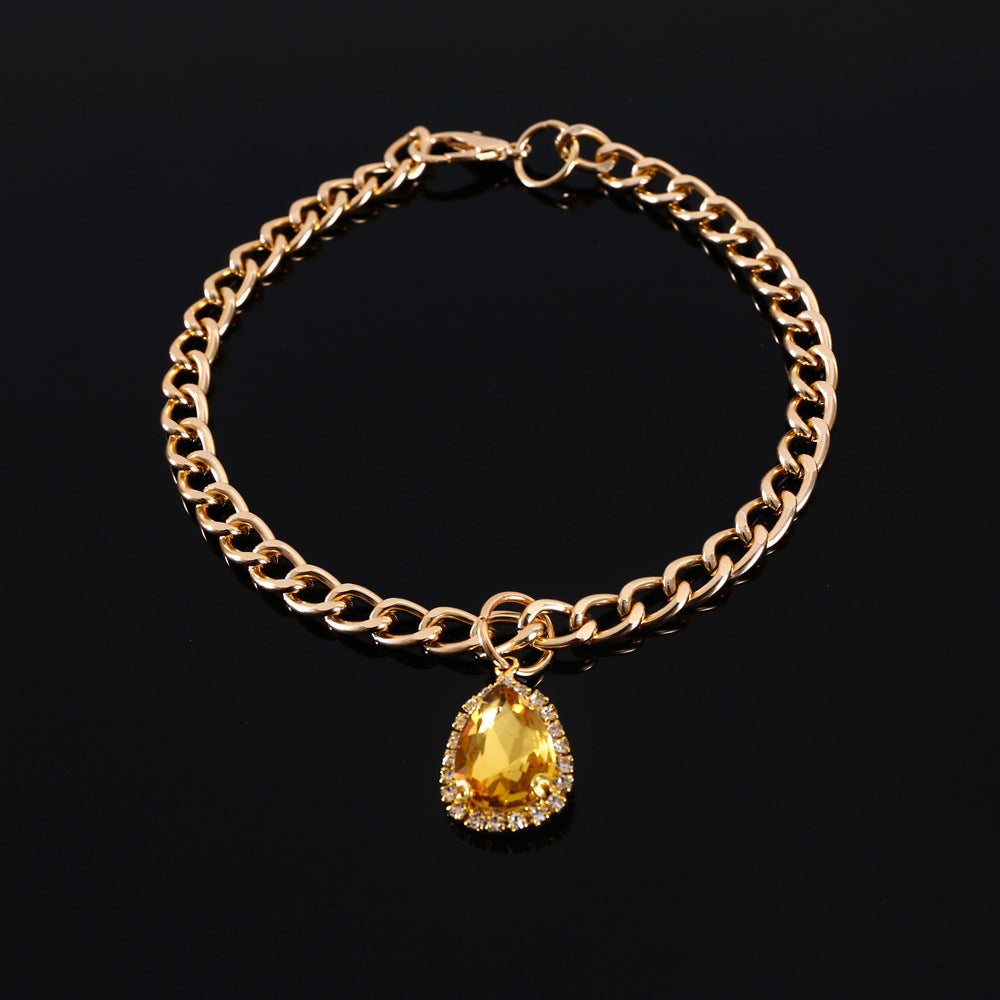HKM-153427 Water Drop Gemstone Cat Collar with Metal Crystal Pendant - Princess Style Accessories