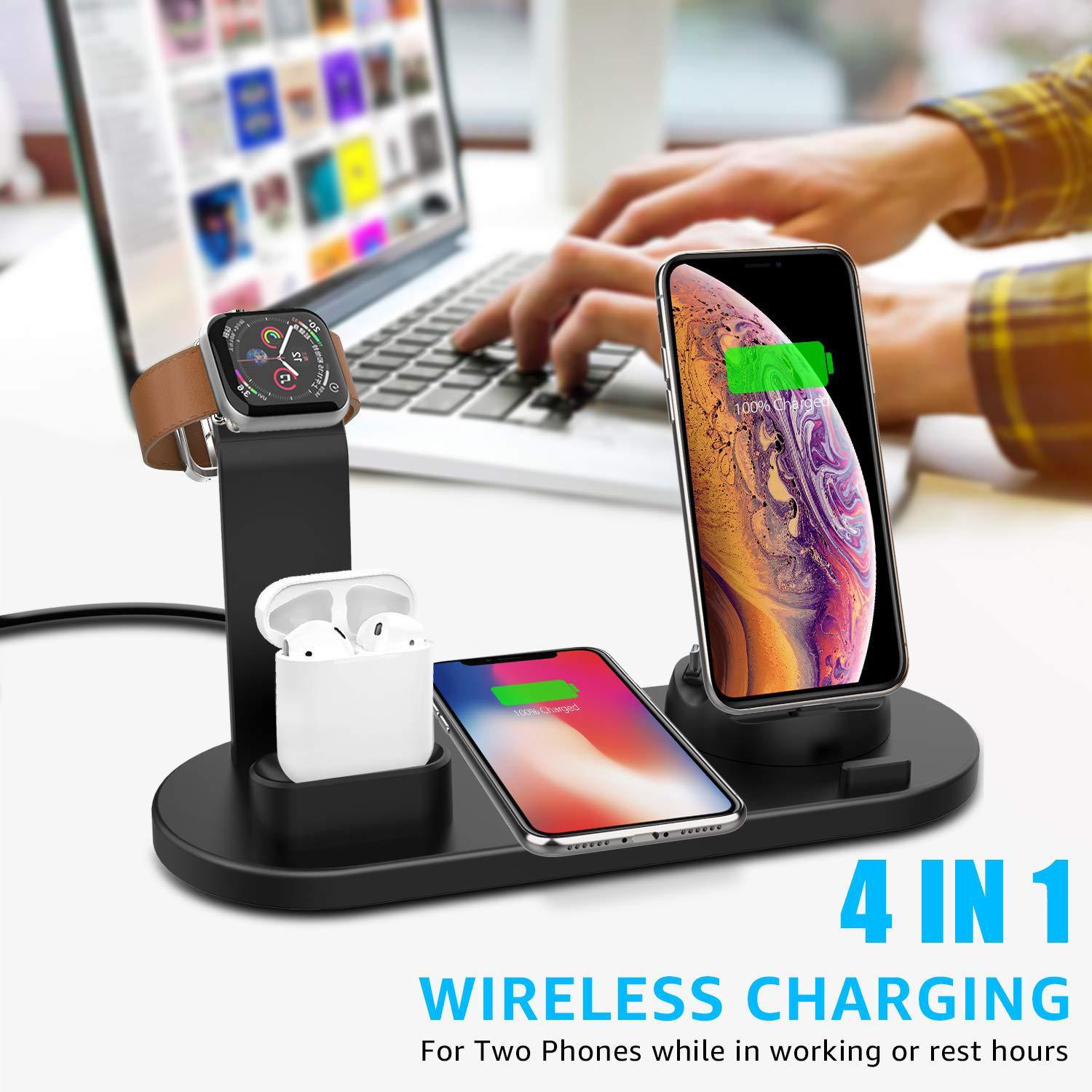 HKM-153491 4-in-1 Wireless Charging Stand for iPhones and Other Devices, USB Input, Sleek Black Design