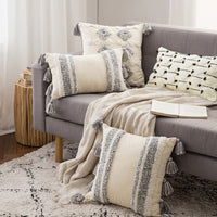 HKM-153875 Bohemian Cotton Stripe Tassel Tufted Cushion Cover for Home Decor