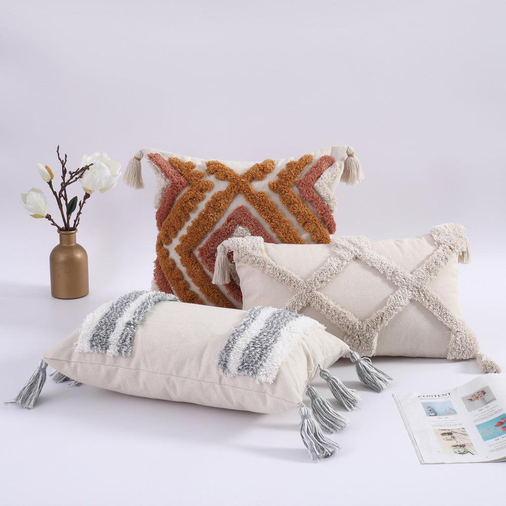 HKM-153875 Bohemian Cotton Stripe Tassel Tufted Cushion Cover for Home Decor