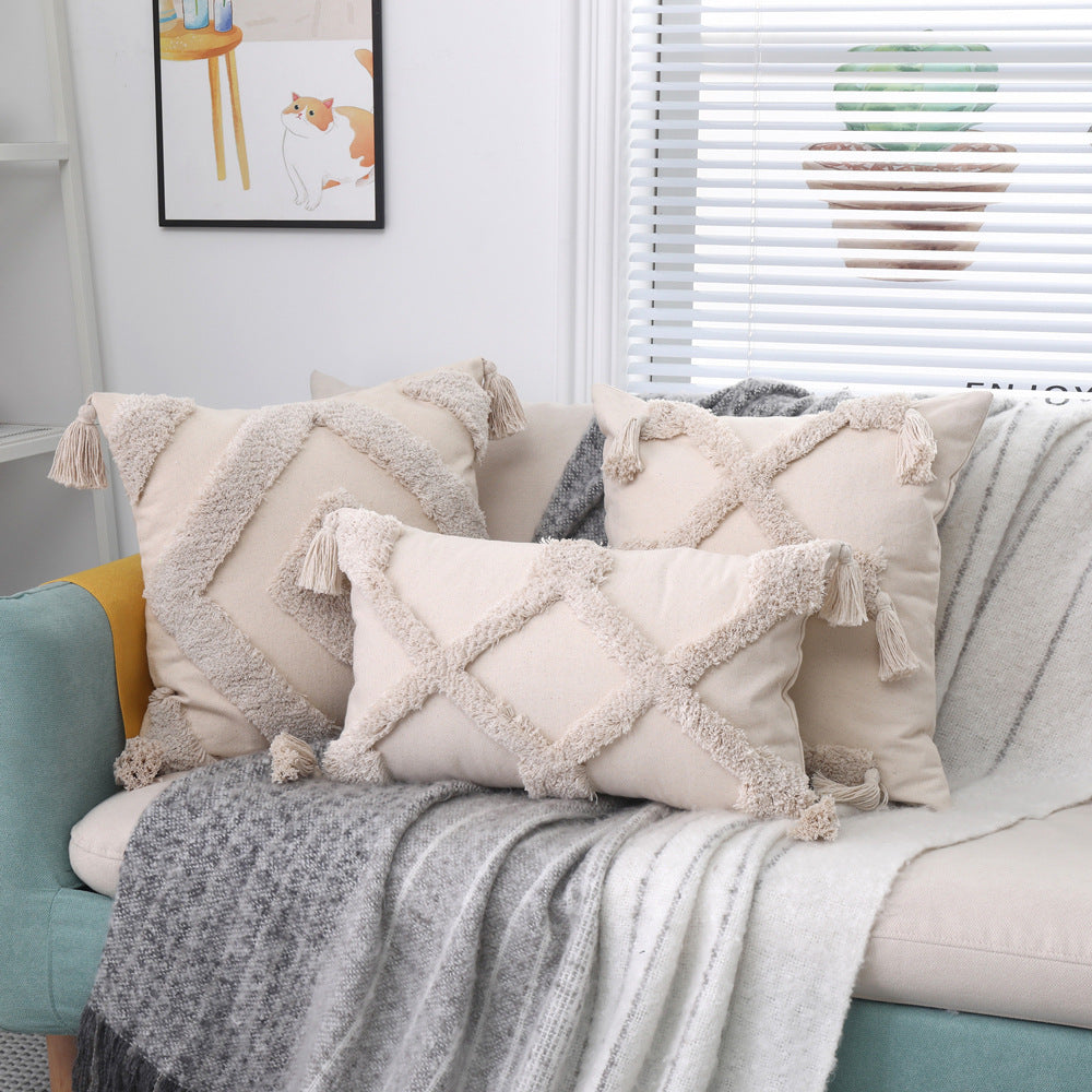 HKM-153875 Bohemian Cotton Stripe Tassel Tufted Cushion Cover for Home Decor