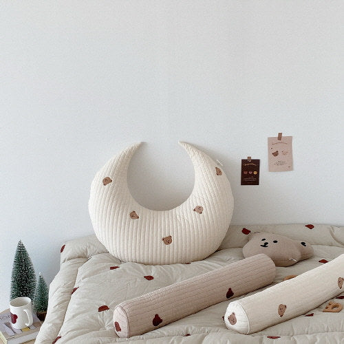 HKM-154899 Cute Cotton Bear Pillow for Infants under 1 Year - Summer Cushioned Bolster in Olive and Tulip Beige