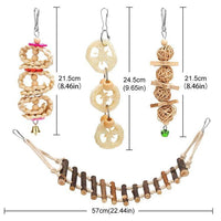 HKM-155027 Wooden Parrot Bite Toy Set with Swing, Ring, and Bell for Birds - 8 Pieces