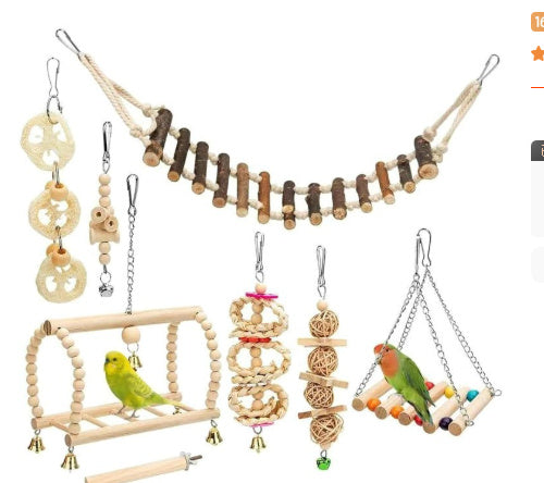 HKM-155027 Wooden Parrot Bite Toy Set with Swing, Ring, and Bell for Birds - 8 Pieces