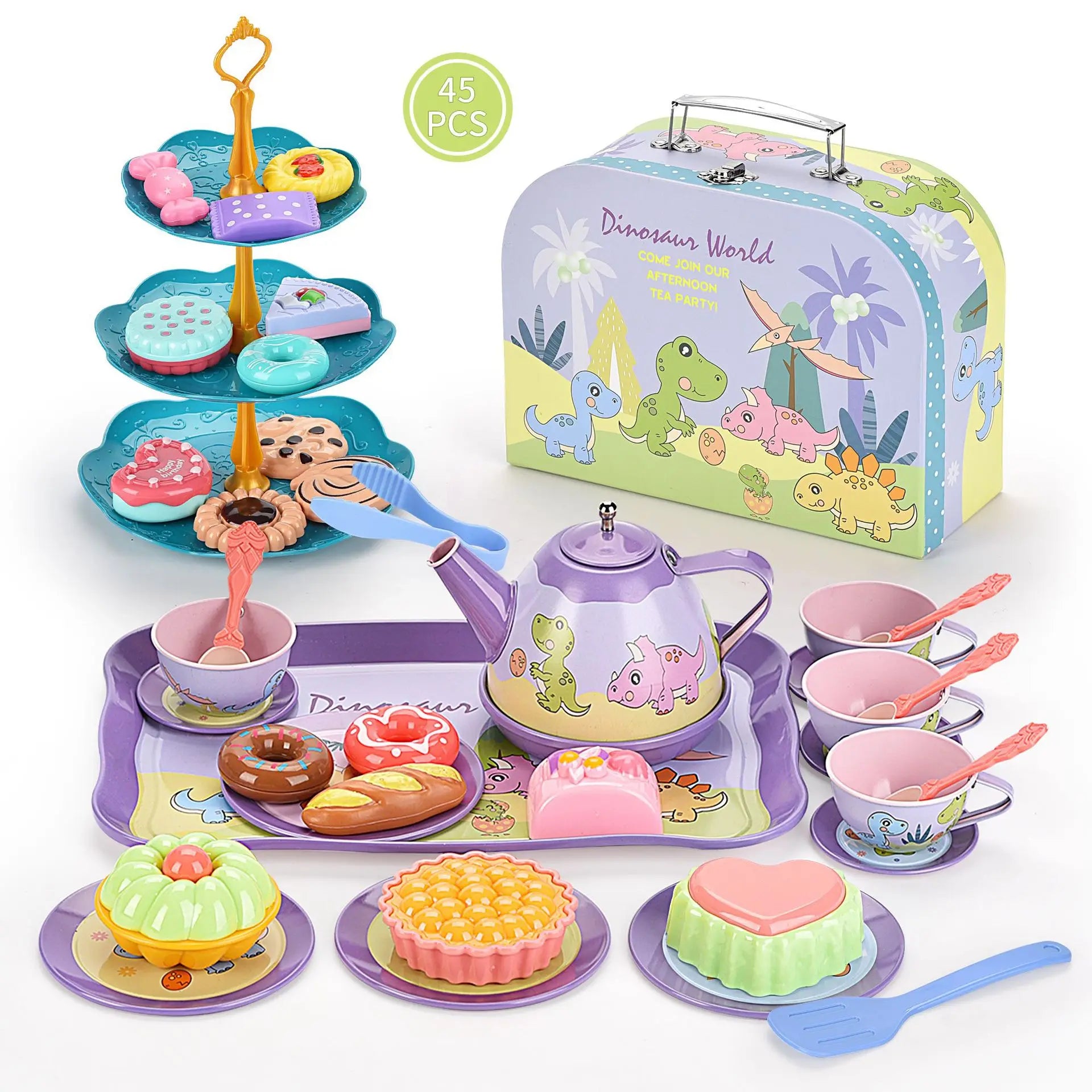 Afternoon Tea Pretend Play Set with Tinplate Simulation Food for Kids