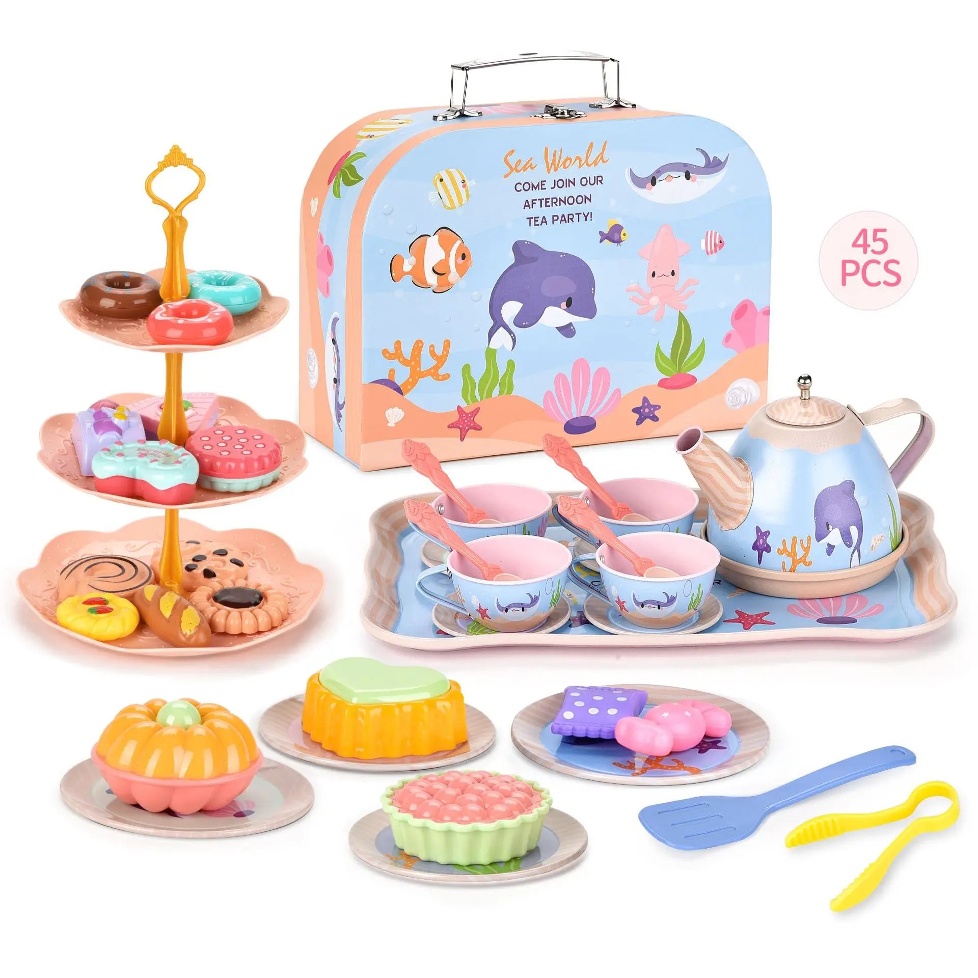 Afternoon Tea Pretend Play Set with Tinplate Simulation Food for Kids