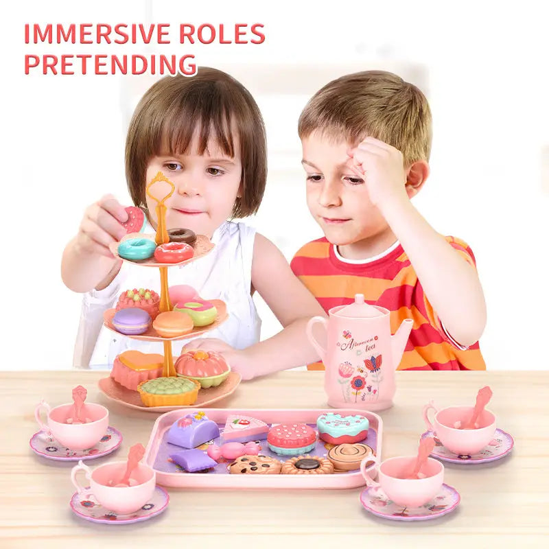 Afternoon Tea Pretend Play Set with Tinplate Simulation Food for Kids