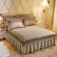 HKM-155731 European Style Quilted Lace Bed Skirt with Embroidery and Lotus Leaf Trim