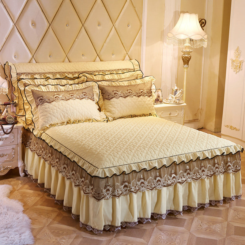 HKM-155731 European Style Quilted Lace Bed Skirt with Embroidery and Lotus Leaf Trim