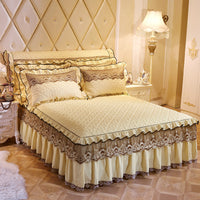 HKM-155731 European Style Quilted Lace Bed Skirt with Embroidery and Lotus Leaf Trim