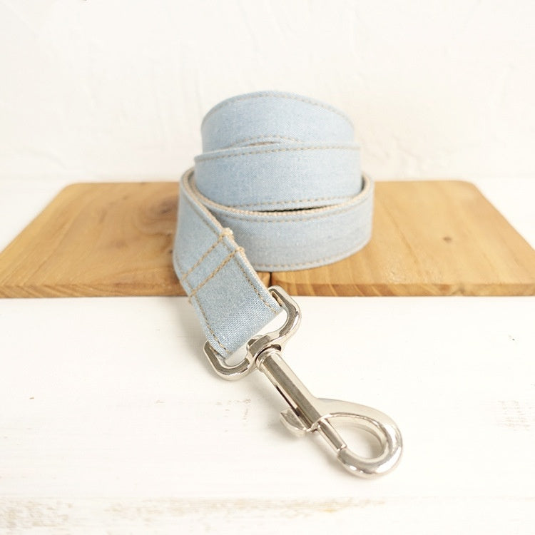 HKM-155731 Light Blue Denim Dog Collar and Leash Set - Adjustable Polyester Training Gear